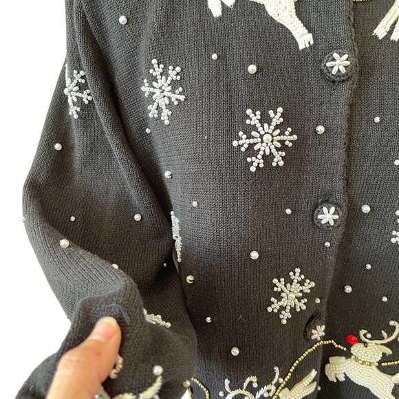 Michael Simon Cardigan Christmas Sweater Art Santa Claus Beaded Reindeer Large - Picture 11 of 16